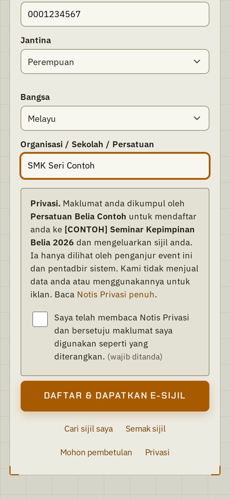 Kotak privasi dan persetujuan pada borang