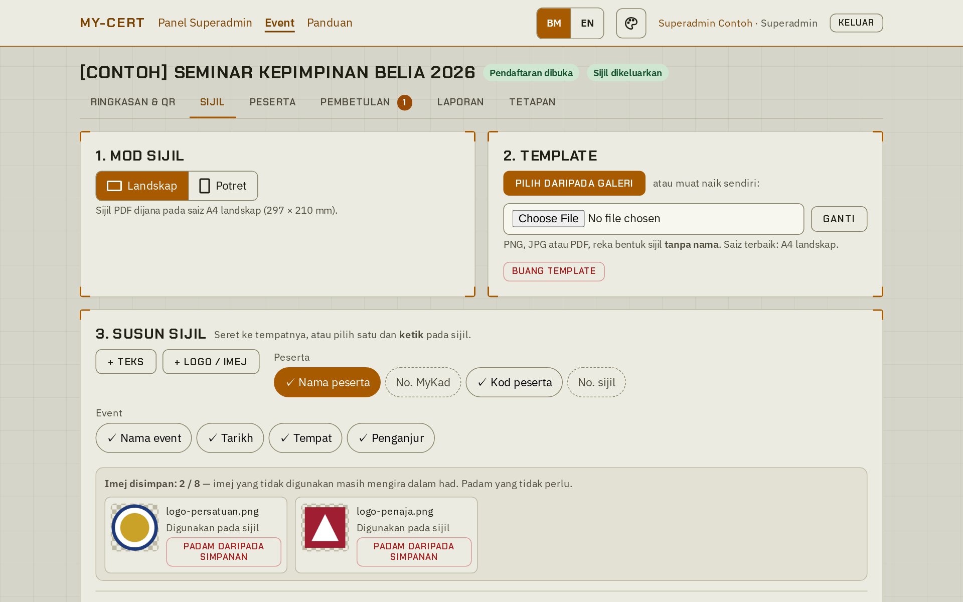 Editor sijil: seret nama, logo dan teks