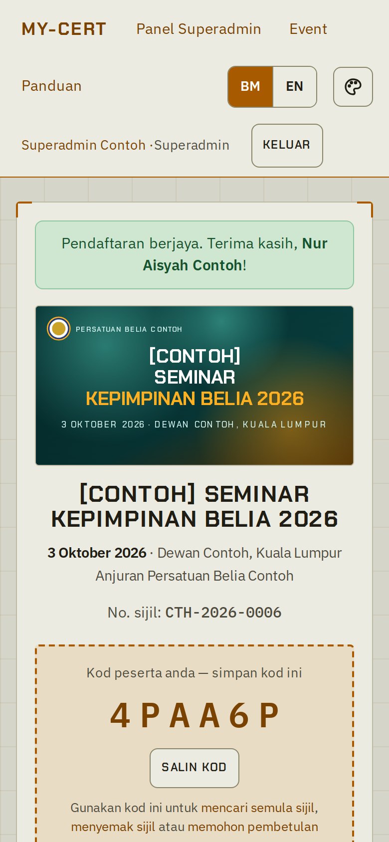 Halaman kejayaan: kod peserta dan butang WhatsApp